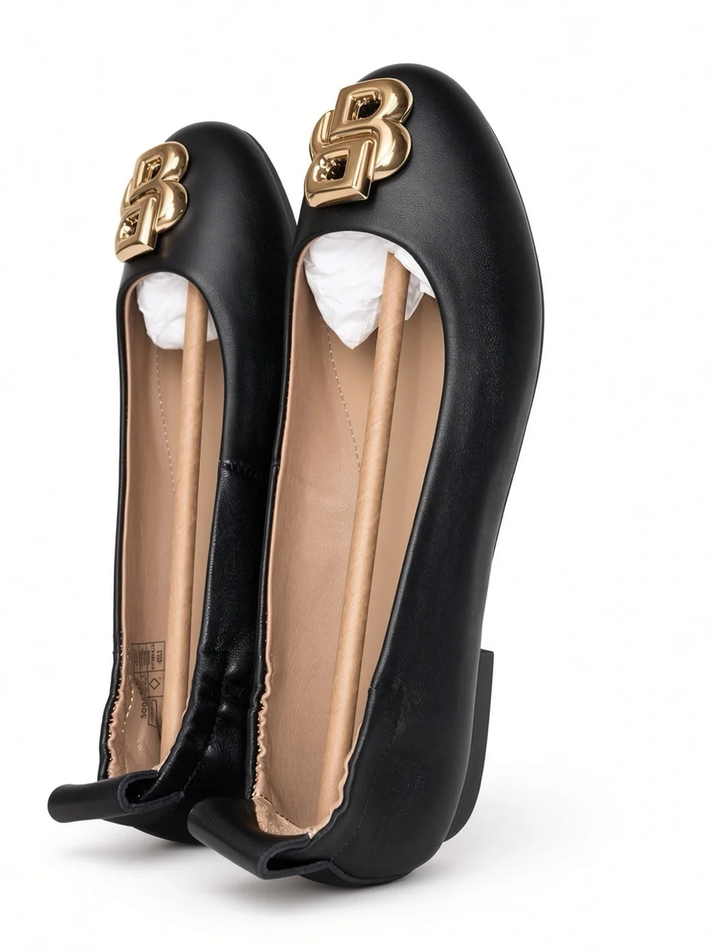 Hugo Boss Dasy Black Leather Logo Ballet Flats with Gold Emblem 6 NWB